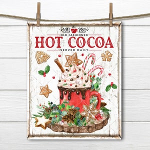 Christmas Hot Cocoa Sign Xmas Mug with Candy Cane Gingerbread Rustic Farmhouse Christmas Digital Print Wreath Accent Fabric Transfer UPrint