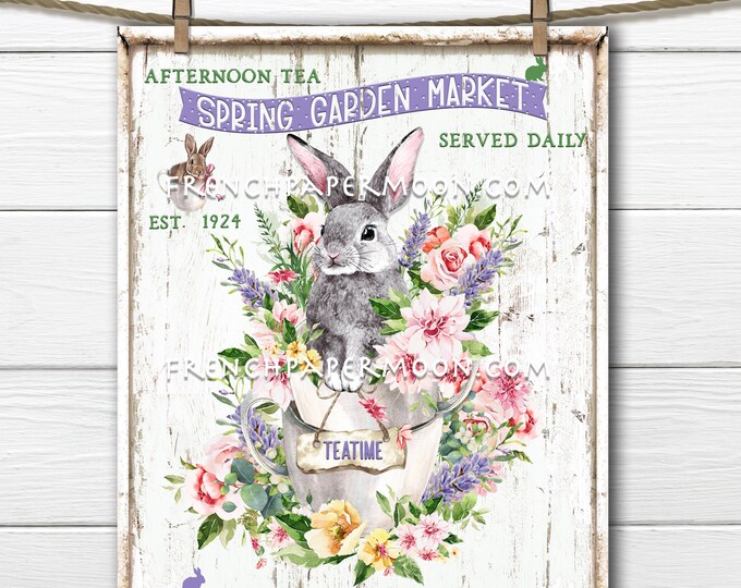 Spring Flower Teatime, Garden Market, Bunny Teacup, Digital, DIY Spring Sign, Fabric Transfer, Wreath Decor, Pillow Image, Pastel, Easter