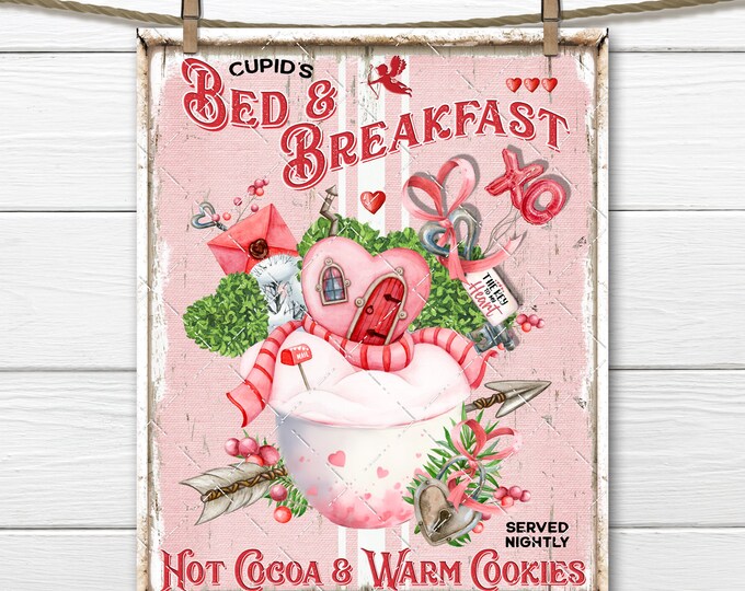 Cupid's Bed and Breakfast Pink Heart House Pink Valentine Digital Print DIY Sign Making Fabric Transfer Tiered Tray Decor Wreath Accent PNG