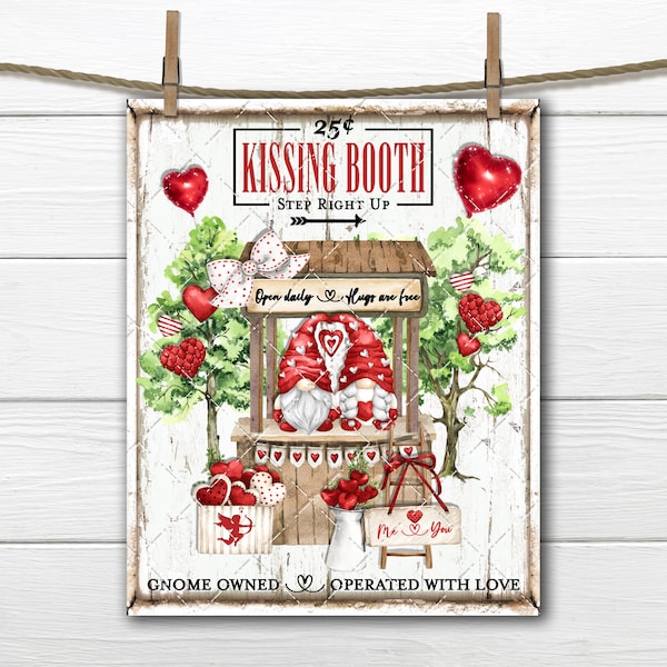 Valentine Gnome Kissing Booth, DIY Sign, Gnome Lover, Fabric Transfer, Wreath Accent, Tiered Tray Sign, Valentine Crafts, Decor, Digital