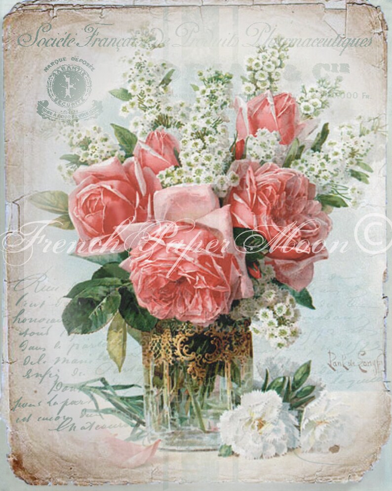 French Digital Roses Instant Download Printable Vase of Roses Etsy