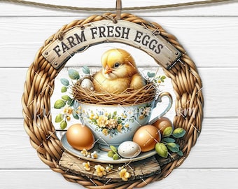 Rustic Farm Fresh Eggs Country Chicken Teacup Circle DIY Sign Making Door Hanger Home Decor Wreath Accent Round PNG Sublimation Digital