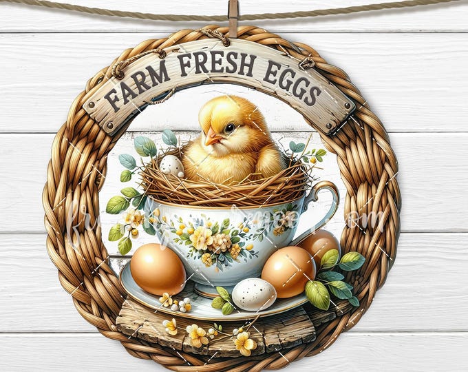 Rustic Farm Fresh Eggs Country Chicken Teacup Circle DIY Sign Making Door Hanger Home Decor Wreath Accent Round PNG Sublimation Digital
