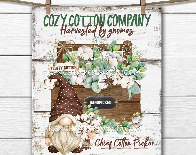 Cotton Gnome, Farmhouse Cotton Digital, Wreath Accent, Fluffy Cotton, DIY Gnome Cotton Sign, Image Transfer, Tiered Tray Decor, Wood, PNG