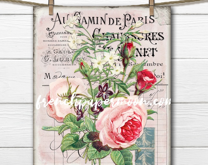 Shabby Rose Printable, Victorian Roses, Spring Flowers, French Ephemera Floral, French Pillow Image, Fabric Transfer, Crafts, Sublimation