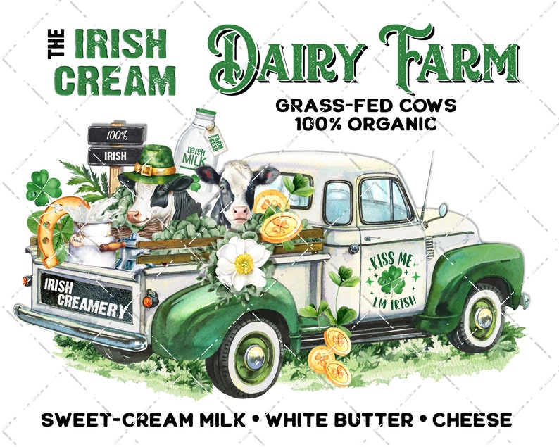 St. Patrick's Dairy Farm Green Truck Cows Milk Clover Irish Cream DIY Sign Making Fabric Transfer Tiered Tray Wall Decor Digital Home Decor image 2