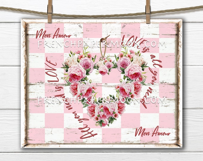 Pink Valentine Heart, Floral heart, Heart Wreath, Digital Valentine Sign, Pillow Image, Wreath Decor, Love, Valentine's Day, Fabric Transfer