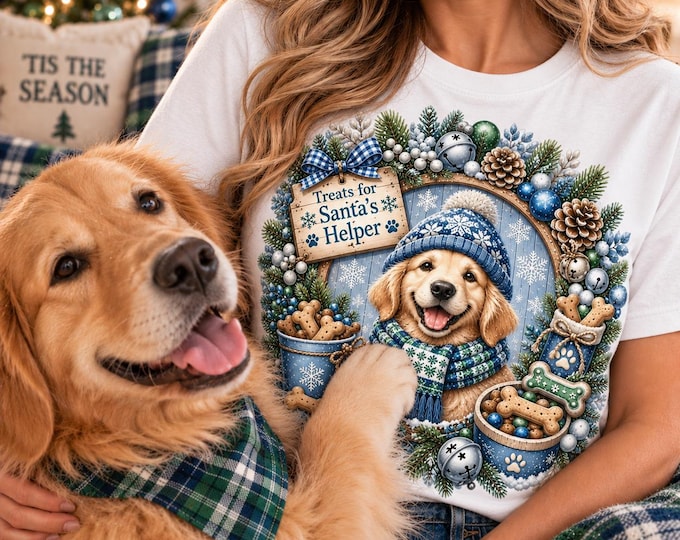 Golden Retriever Christmas PNG, Santa’s Helper Dog Wreath Sublimation, Puppy T Shirt Design, Winter Door Hanger Decor