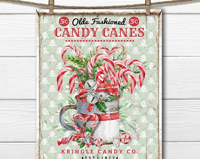 Old fashioned Candy Cane Sign Kris Kringle Farmhouse Christmas, DIY Xmas Sign, Wreath Decor, Digital Print, Candy Cane Cup, Fabric Transfer