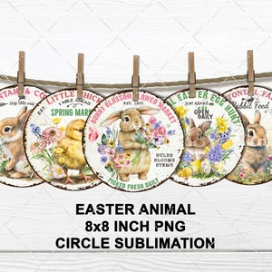 Farmhouse Easter Bunny Circles Spring Chick Eggs Wildflower Sublimation Round Door Hanger DIY Sign Making Wreath Accent Variety Pack 8x8 PNG