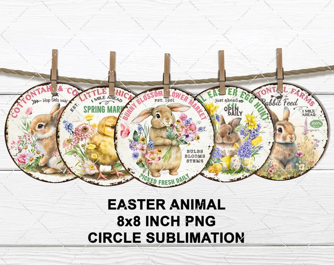 Farmhouse Easter Bunny Circles Spring Chick Eggs Wildflower Sublimation Round Door Hanger DIY Sign Making Wreath Accent Variety Pack 8x8 PNG