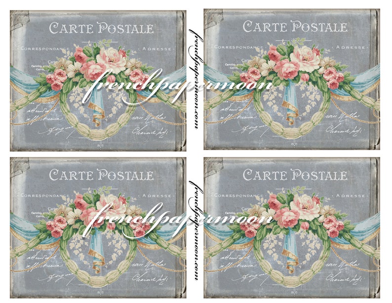 K&ouml;nnte beinhalten: Vier Postkarten im Vintage-Stil mit einem blauen und wei&szlig;en Band, das mit einem Blumenstrau&szlig; aus rosa und wei&szlig;en Rosen verziert ist. Der Text "CARTE POSTALE" ist in Schwarz oben auf jedem Design gedruckt.