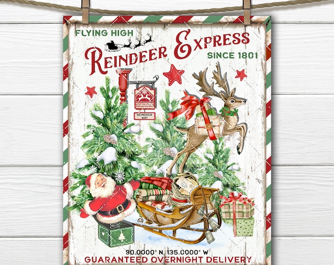 North Pole Flying Reindeer Mail Santa Sleigh Christmas Post Snowy Trees Fabric Transfer Digital Print DIY Sign Making Tiered Tray Home Decor