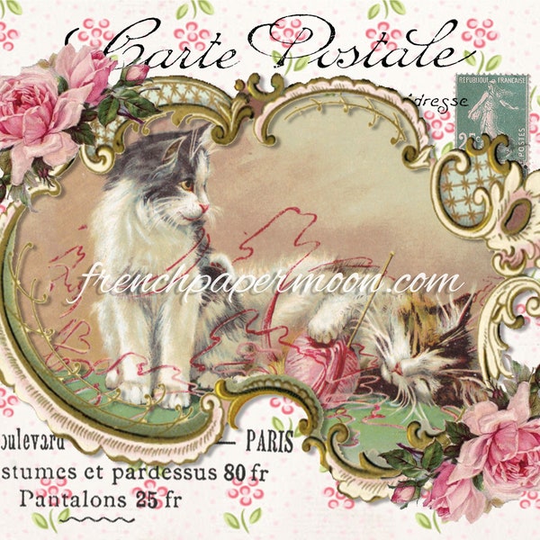 Gato vintage desgastado, imagen digital de gato victoriano, bloque de tela imprimible, transferencia de tela, postal francesa, descarga instantánea, transferencia