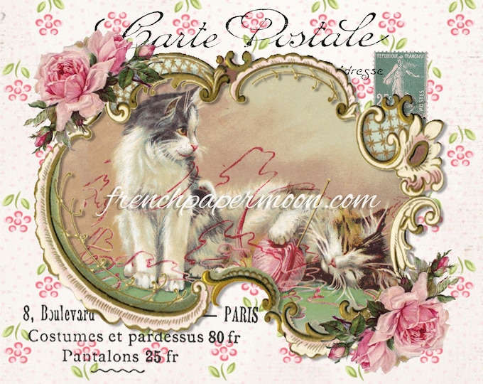 Shabby Vintage Cat, Victorian Cat Digital Image, Printable Fabric Block, Fabric Transfer, French Postcard, Instant Download,Transfer