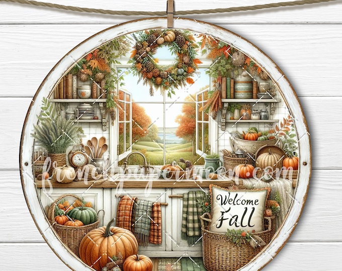 Welcome Fall Farmhouse Kitchen Circle DIY Sign Sublimation Pumpkins PNG Transfer Home Decor Printable Wreath Accent Digital Door Hanger