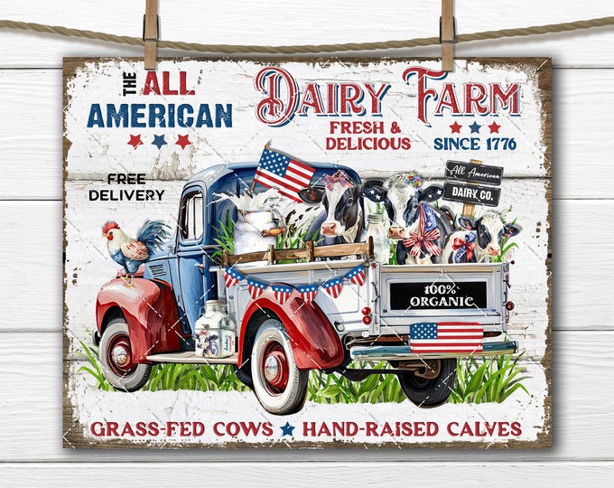 Patriotic Farm Truck 4th of July Dairy Farm Holstein Cow Milk Red White Blue DIY Sign Making Fabric Transfer Tiered Tray Home Decor Sign PNG