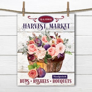 Harvest Market DIY Sign, Autumn Flowers, Fresh Figs, Farmhouse, Fall Market Digital Print, Fabric Transfer, Wreath Accent, Tiered Tray Decor