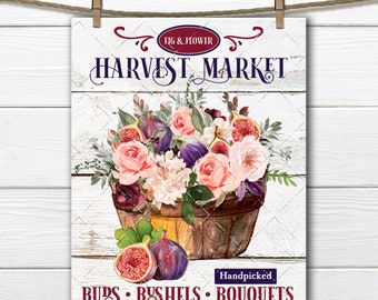 Harvest Market DIY Sign, Autumn Flowers, Fresh Figs, Farmhouse, Fall Market Digital Print, Fabric Transfer, Wreath Accent, Tiered Tray Decor