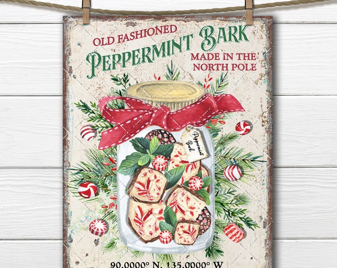 Old Fashioned Peppermint Bark, Rustic Xmas Mason Jar, Christmas Candy, DIY Sign, Fabric Transfer, Wreath Accent, Digital Print, PNG