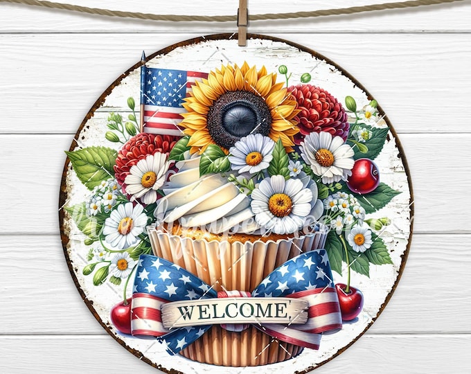 4th of July Round Cupcake Sublimation PNG – Patriotic Stars & Stripes DIY Signs, American Sunflower Wreath Accent, Home Decor Door Hanger