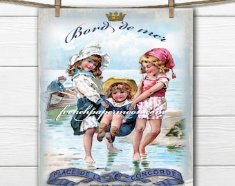 Vintage Digital French Seaside, Children, Beach, French Graphics, Fabric Transfer Graphic