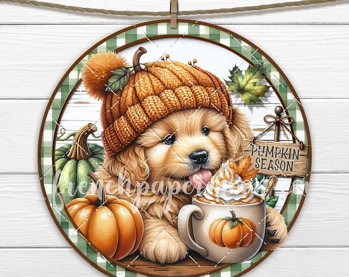 Pumpkin Spice Latte Golden Retriever Fall Puppy Round Sublimation DIY Sign Digital Print Crafts Home Decor Doorhanger Wreath Attachment PNG