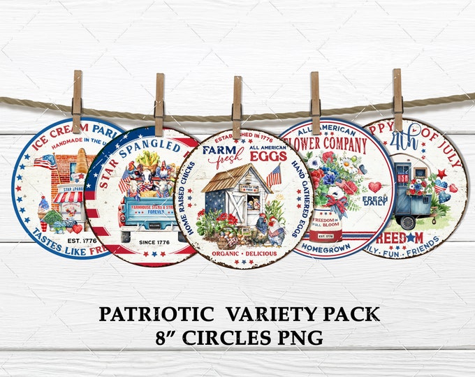 4th of July Farmhouse Circle Sublimation Variety Pack 8x8" DIY Sign Making Wreath Accent Door Hanger Home Decor Digital 8 inch round Uprint