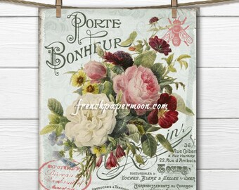 Ramo vintage de flores botánicas antiguas francesas shabby digital, gráficos franceses, imagen de transferencia gráfica de gran tamaño para almohada francesa