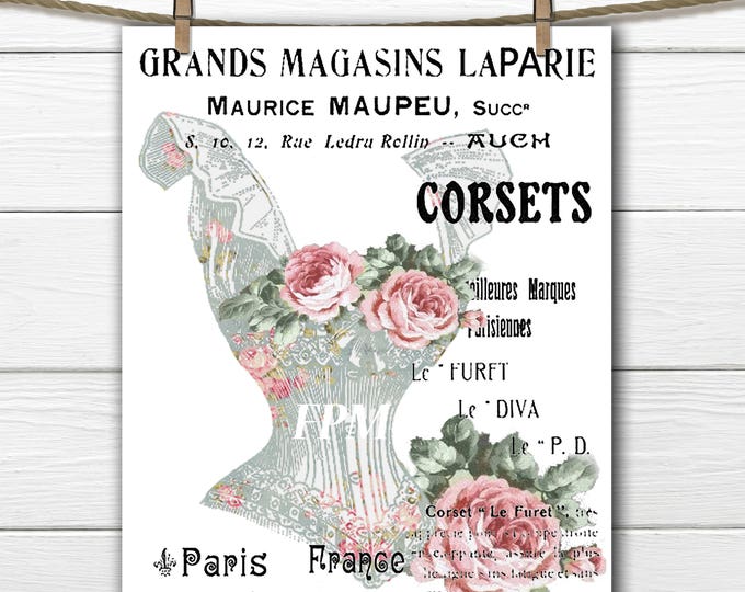 Digital French Corset Transfer Image, Shabby Chic Corset, Roses, French Typography, Iron On