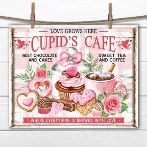 Cupids Cafe DIY Valentine Sign Farmhouse Confectionary Sweets Plaid, Fabric Transfer Wreath Accent Tiered Tray Decor Digital Print Home