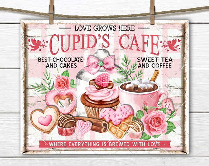 Cupids Cafe DIY Valentine Sign Farmhouse Confectionary Sweets Plaid, Fabric Transfer Wreath Accent Tiered Tray Decor Digital Print Home