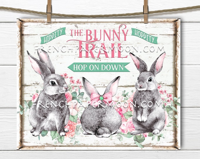 Easter Bunnies, Bunny Trail, Spring Bunnies, DIY Easter Sign, Spring Sign, Farmhouse Bunnies, Pillow Image, Fabric Transfer, Wreath Decor