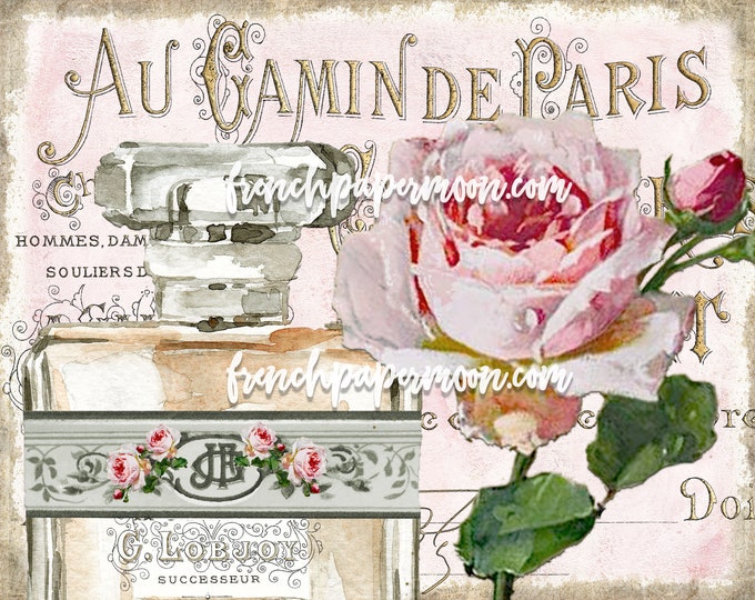 Shabby Chic Cottage Style Roses, Vintage French Country Sign, Wall/Table Decor Sign Antique Bottle Roses, Perfume Bottle, French Digital