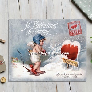 Cartão postal de dia dos namorados vitoriano para impressão, download instantâneo alterado, anjo vintage de querubim, transferência gráfica de imagem, download instantâneo