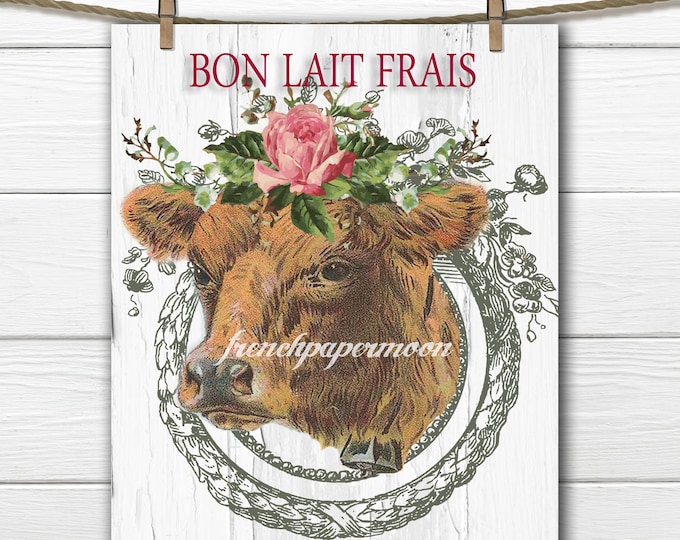 Shabby French Digital Cow, Printable Cow Art, Farmhouse, French Dairy, Farm Pillow Image, Large Size