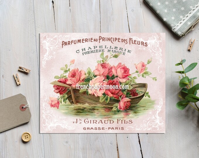 Vintage Digital Roses, Shabby Boat of Roses, Postcard Printable, French Pillow Image, Crafts, Large Image Graphic Transfer