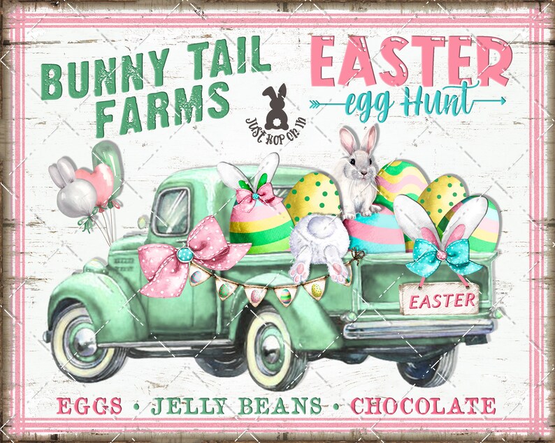 Easter Bunny Egg Hunt Spring Truck Bunny Tail DIY Sign Making Fabric Transfer Tiered Tray Home Decor Digital Print Party Decor Wreath Accent image 3