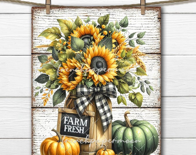 Rustic Fall Sunflowers and Pumpkins Mason Jar Digital DIY Sign Making Sublimation Image Transfer Wreath Accent Tiered Tray Home Decor PNG