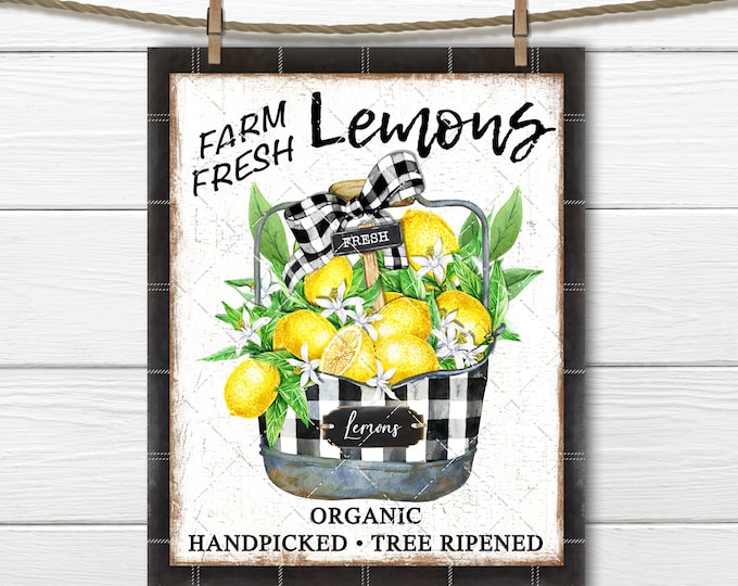 Farmhouse Lemon Sign, Farm Fresh Lemons, Black Plaid, Lemon Basket, Summer Fruit, Fabric Transfer, Tiered Tray Decor, Wreath Accent, Digital