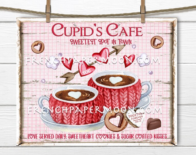 Cupid's Cafe, Valentine Drinks, DIY Valentine Sign, Valentine Treats, Love Mugs, Hearts, Chocolate, Pillow Image, Wreath Accent, Home Decor