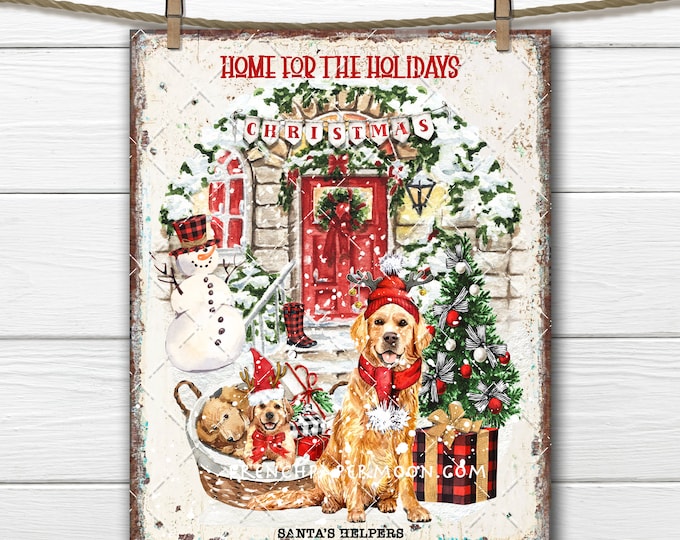 Golden retriever Christmas Printable, Xmas Door, Golden Puppies, Dressed Dog, plaid, Digital Print, DIY Xmas Sign, Dog Lover, Wreath Accent