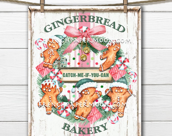 Christmas Gingerbread Bakery, Gingerbread Cookies, Gingerbread Wreath, Xmas Bakery, Home Decor Sign, Fabric Transfer, Digital Print