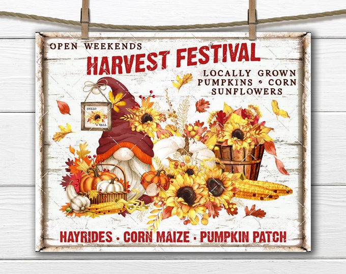 Harvest Gnome Fall Festival Diy Sign Making Digital Art Print, Rustic Sunflowers Leaves Pumpkins Corn, Fabric Transfer, Cute Farmhouse, PNG