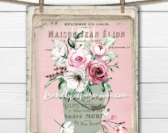 Shabby French Flower Print, Vintage Pail with Flowers, Pink, Vintage Floral Design, Pillow Image, Transparent, Crafts, Mother's Day