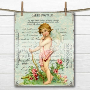 French Digital Postcard, Valentine Postcard, Shabby Chic Cherub, Angel, Cupid, Valentine Pillow Transfer Image