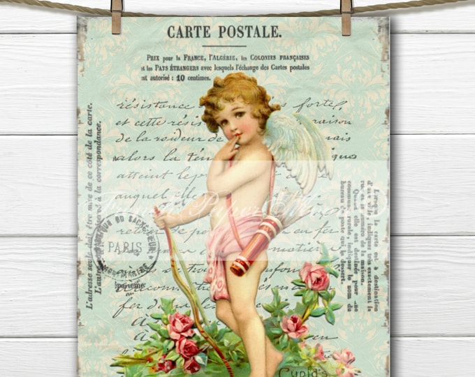 French Digital Postcard, Valentine Postcard, Shabby Chic Cherub, Angel, Cupid, Valentine Pillow Transfer Image