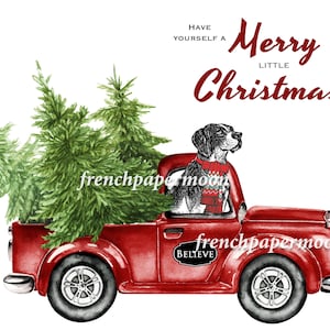 Weihnachtstruck mit Hund, Hund Weihnachten, roter Kleintransporter, Hundeliebhaber, Kissenbild, druckbare Stoffübertragung, Weihnachtskarten, Basteln