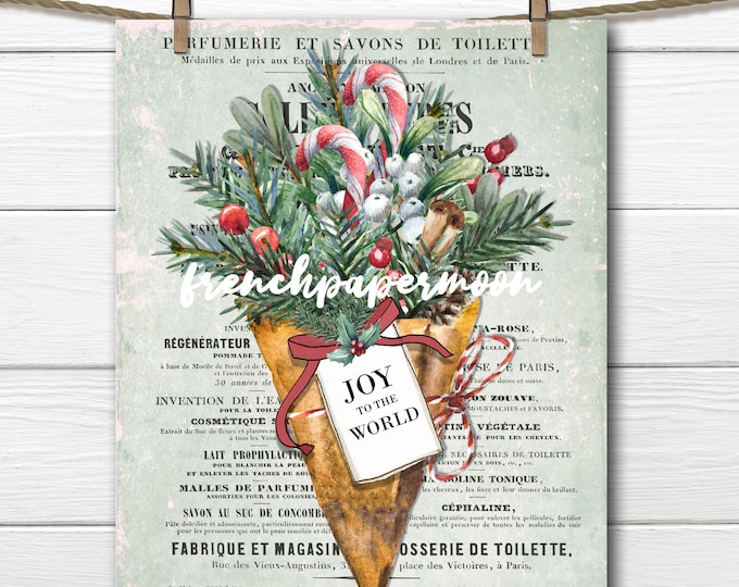 Christmas Bouquet, French Xmas Print,Joy, Candy Cane, Cinnamon, Holly, Greenery, Digital Print, Xmas Pillow Image, Fabric Transfer, PNG