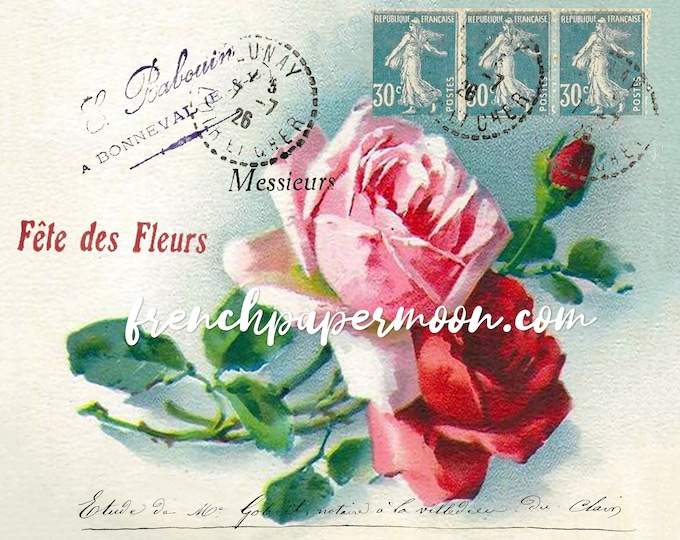 Shabby French Rose Postcard Printable, Victorian Roses, Catherine Klein, French Ephemera, French Pillow Image, Craft Supply, Digital Print